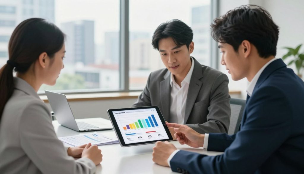 A beginner-friendly insurance rate comparison scene set in a modern office environment. In the foreground, a diverse group of three individuals—two men and a woman—looking at a digital tablet displaying colorful graphs and charts that represent various insurance rates. They are dressed in professional business attire, showing engagement and collaboration. In the middle ground, a sleek desk with insurance brochures and a laptop, suggesting a workspace for research. In the background, large windows reveal a bright, sunny city skyline, creating an optimistic and inviting atmosphere. Soft, natural lighting enhances the professionalism of the setting, while a slight depth of field blurs the background slightly, keeping focus on the group and their discussion.