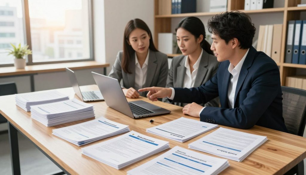 A clean, modern office environment with a large wooden desk in the foreground, featuring neatly organized stacks of insurance documents and policy brochures that showcase different types of insurance coverage. In the middle ground, a diverse group of three professionals—two men and one woman—are engaged in a discussion, all dressed in professional business attire, pointing at a laptop screen displaying a colorful comparison chart of insurance options. The background includes shelves filled with books on finance and insurance, along with a window showing a bright and sunny cityscape outside. The lighting is warm and inviting, creating a collaborative atmosphere. The camera angle is slightly overhead, giving a clear view of the documents and the expressions of collaboration and understanding among the professionals.