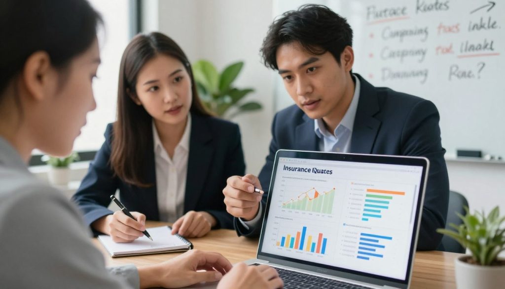 A close-up view of a diverse group of three professionals in a bright, modern office, engaged in comparing insurance quotes on a laptop. In the foreground, a clear laptop screen displays colorful graphs and charts showing various insurance rates. The middle ground features the three individuals, one woman in smart business attire holding a pen and making notes, and two men in professional outfits discussing the data thoughtfully. The background includes a whiteboard filled with handwritten tips for comparing insurance rates and potted plants adding greenery. The lighting is soft and bright, creating an inviting atmosphere, with a focus on collaboration and learning, captured from a slightly overhead angle to emphasize teamwork.