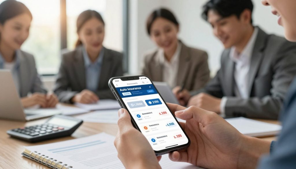 A close-up view of a smartphone displaying a webpage with various auto insurance rate options, showcasing affordable rates prominently. The foreground features hands scrolling through the options, with a calculator and a notepad nearby, suggesting a budgeting process. In the middle background, a diverse group of individuals in professional business attire discuss and compare rates, looking engaged and optimistic. The soft, natural sunlight filters through a nearby window, creating a warm, inviting atmosphere. The focus is sharp on the smartphone and documents, while the people slightly blur to emphasize action and decision-making. Overall, the image conveys a sense of empowerment and accessibility in finding affordable auto insurance.