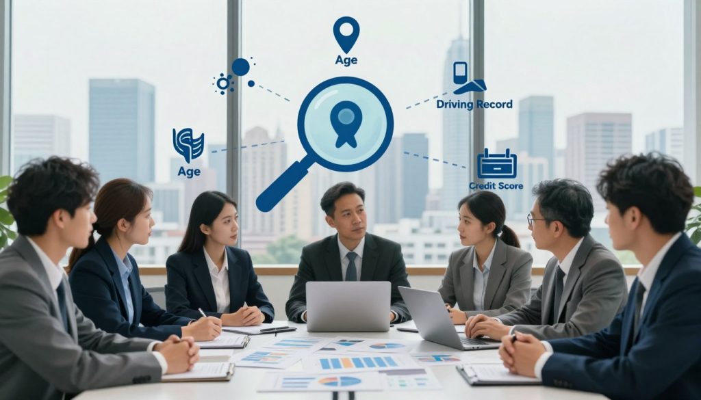 A conceptual representation of key factors affecting insurance rates. In the foreground, a diverse group of professionals, dressed in smart business attire, engage in a discussion around a large table filled with charts and graphs. In the middle, prominently displayed visual elements like a magnifying glass examining various icons representing factors such as age, location, driving record, and credit score. The background features a city skyline through a large window, bathed in soft, natural light, conveying a sense of trust and professionalism. The mood is collaborative and analytical, with a color palette of calm blues and greens to enhance clarity and focus. The composition is balanced, with a slight depth of field to emphasize the discussion in the foreground.