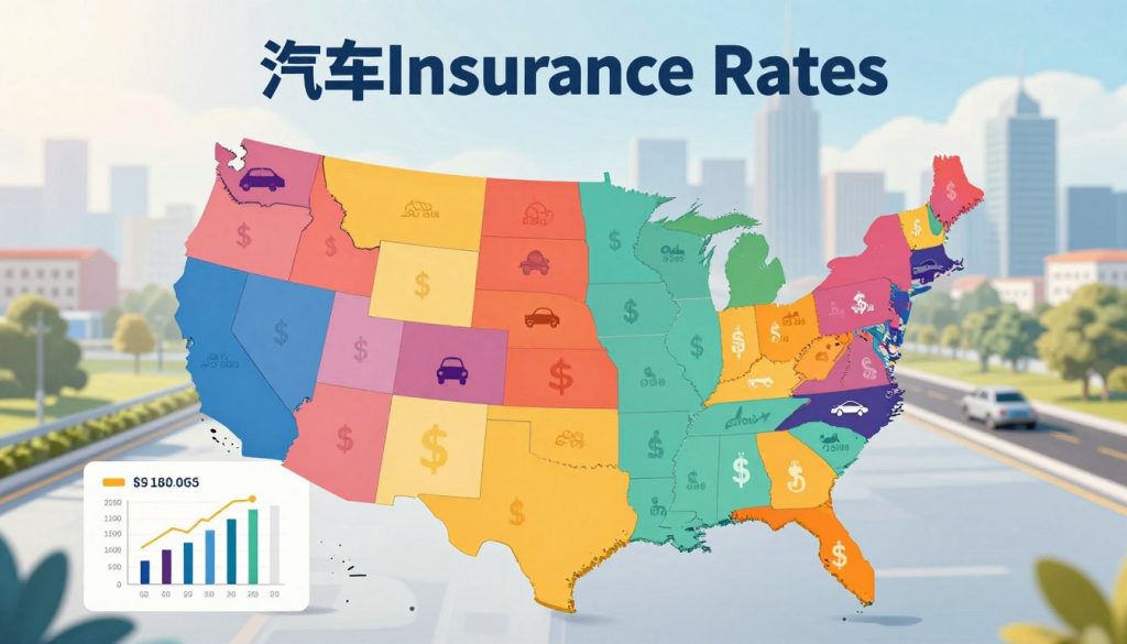 A detailed infographic comparing auto insurance rates by state, presented in a colorful and engaging map style. In the foreground, highlight various states with distinct colors representing different rate brackets, using icons like cars or dollar signs to symbolize insurance costs. The middle ground should include visually appealing charts or graphs showcasing average rates, with simple, clear shapes and lines to enhance readability. In the background, depict a subtle, soft-focus landscape of a city skyline and highways, evoking a sense of travel and mobility. The lighting should be bright and inviting, simulating a sunny day, with shadows to add depth. The overall atmosphere is informative yet visually appealing, designed to engage readers with clear visuals and a modern aesthetic.
