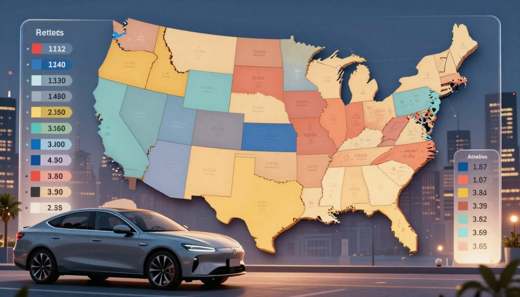 A detailed map of the United States showcasing state-specific average auto insurance rates, with each state color-coded to represent pricing from highest to lowest. In the foreground, a sleek, modern car parked, symbolizing insurance coverage, rendered in a professional and polished style. The middle ground features a layered, glossy infographic style overlay showing differing prices in numerical form. The background includes a low-lit urban skyline, suggesting a dynamic environment where cars are essential. Soft, ambient lighting enhances the illustration's clarity while a slight tilt gives depth to the scene. The overall mood is informative and engaging, designed to visually communicate the topic of auto insurance variations across different states without any text or distractions.