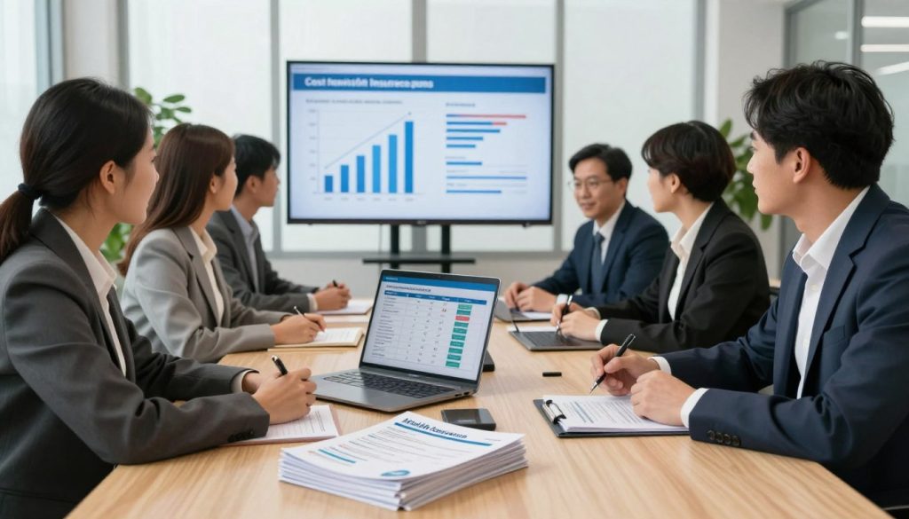 A diverse group of professionals, dressed in business attire, is seated around a modern conference table, actively discussing health insurance options. In the foreground, a stack of health insurance brochures and a laptop displaying a comparison chart are prominently featured. In the middle ground, a large digital screen shows graphs and statistics illustrating the benefits of cost-effective health insurance plans. The background features a bright, inviting office space with large windows letting in natural light, plants adorning the corners, creating a lively atmosphere. The lighting is warm and inviting, highlighting the engaged expressions of the individuals. The overall mood is collaborative and optimistic, emphasizing the pursuit of affordable health insurance solutions.
