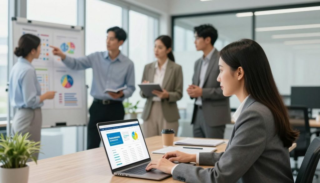A dynamic office environment focused on the insurance comparison process. In the foreground, a professional woman in business attire is working intently at a laptop, displaying a vibrant insurance comparison website on the screen. In the middle ground, a diverse group of individuals, also dressed in professional attire, are engaged in discussion, pointing at charts and graphs on a whiteboard filled with colorful data visuals. The background showcases a modern office with large windows, allowing natural light to flood the space, creating a bright and inviting atmosphere. The overall mood is collaborative and focused, highlighting teamwork and thorough analysis, using a slightly elevated angle to capture both individual and group interactions effectively.