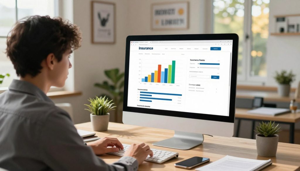 A modern desktop computer displaying an insurance comparison website on its screen, featuring a sleek interface with colorful graphs and sliders. In the foreground, a professional-looking person in business attire is intently analyzing the data, showcasing a sense of focus and professionalism. On the desk, there are financial documents, a smartphone, and a notepad with notes. The middle layer includes a softly lit home office setting with potted plants and motivational quotes on the wall, creating a cozy yet business-oriented atmosphere. The background features a window revealing a bright, sunny day, casting warm light into the room. The overall mood is one of empowerment and clarity, illustrating the ease of comparing insurance rates online.