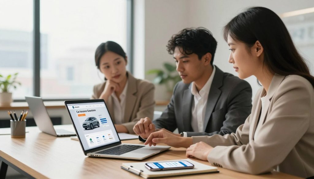 A modern, inviting office space with a large desk in the foreground, featuring a laptop open to a car insurance comparison website. On the desk, there's a notepad and a smartphone displaying an insurance app. In the middle, a professional, diverse group of three individuals dressed in business attire, analyzing data on the laptop screen, looking engaged and thoughtful. In the background, a window allows natural light to flood the room, illuminating the space and creating a warm atmosphere. Soft-focus elements of an urban skyline can be seen through the window, adding context. The overall mood is collaborative and focused, showcasing the process of finding the best car insurance rates online.