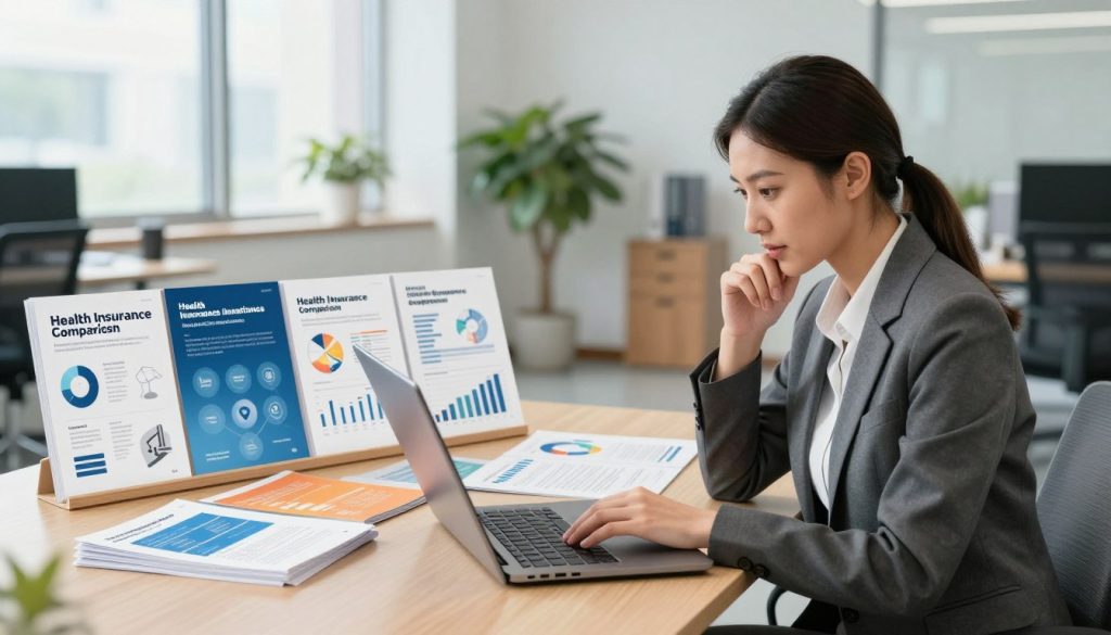 A modern office environment showcasing a comprehensive health insurance plans comparison. In the foreground, a professional businesswoman in smart attire is analyzing charts and graphs on a sleek laptop, her expression focused and thoughtful. In the middle ground, a large table displays colorful brochures and infographics detailing different health insurance options, each uniquely designed to represent various plans. The background features a light-filled, spacious office with large windows, allowing natural light to create a bright and inviting atmosphere. A potted plant adds a touch of life to the scene, enhancing the professional yet approachable mood. The image should be captured with a slight depth of field to emphasize the foreground while softly blurring the background, creating a polished, informative look suitable for an article on comparing health insurance rates.