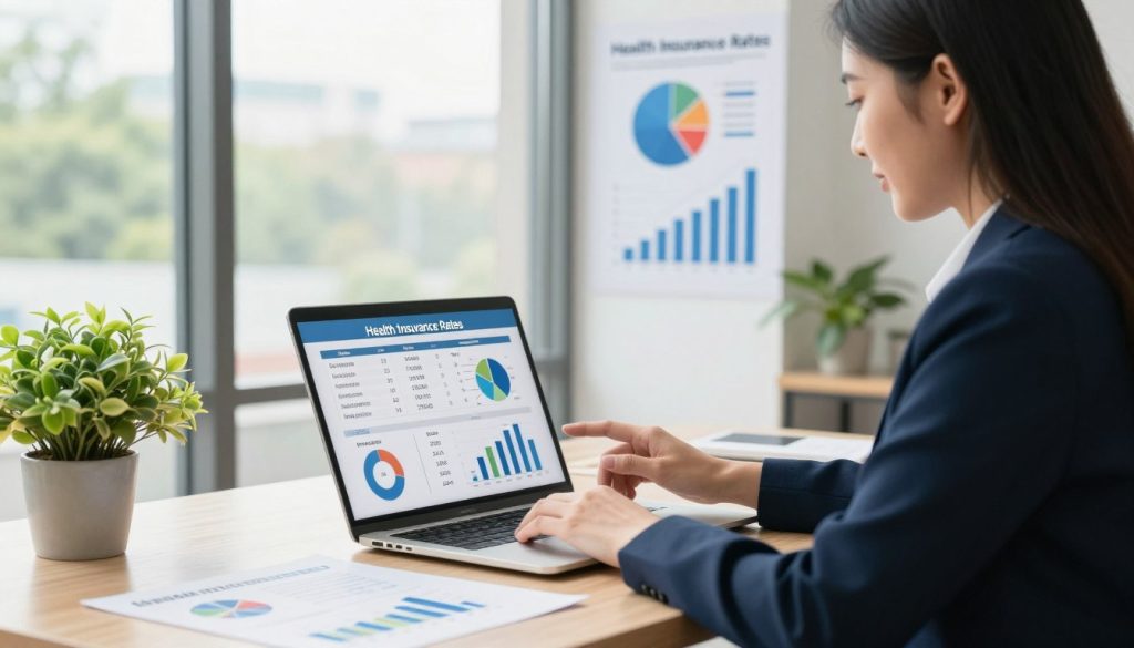 A modern office setting as the background, filled with natural light streaming through large windows, creating an inviting atmosphere. In the foreground, a self-employed individual, a woman in smart business attire, sits at a desk with a laptop open, analyzing health insurance rates. The desk features charts and graphs depicting various health insurance costs displayed on the laptop screen. A potted plant adds a touch of greenery. In the middle ground, an infographic is subtly included on the wall, showcasing factors that influence health insurance rates such as age, location, and health history, depicted in visually engaging pie charts and bar graphs. The overall mood is one of professionalism and focus, emphasizing the importance of understanding health insurance options for self-employed individuals.
