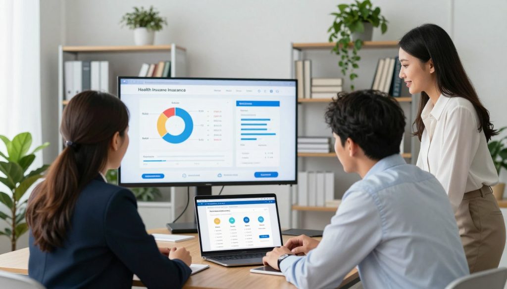 A modern office setting showcasing a collaborative environment for health insurance comparison tools. In the foreground, a diverse group of three professionals (a woman in a smart blazer, a man in a neatly pressed shirt, and a woman in business casual attire) are engaged in discussion over a laptop displaying health insurance comparison websites. In the middle, a large digital screen with charts and graphs highlights various health insurance rates and options. In the background, shelves filled with health-related books and a calm, well-lit office space adorned with green plants, creating an atmosphere of professionalism and efficiency. Use soft, natural lighting to evoke a friendly and informative mood, captured with a slight depth of field effect to focus on the group while keeping the background slightly blurred.