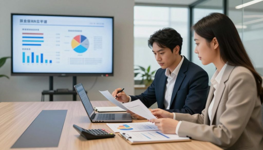 A modern office setting with two professionals, a man and a woman, seated at a sleek conference table, both dressed in smart business attire. The man is analyzing insurance price comparisons displayed on a laptop, while the woman reviews printed documents spread across the table. In the foreground, include a calculator and a notepad filled with notes and graphs about insurance rates. The middle ground features a large screen on the wall showing colorful charts comparing different insurance plans. In the background, large windows let in natural light, creating an open and productive atmosphere. The overall mood is focused and collaborative, evoking the importance of regularly comparing insurance prices to find the best deals. Use soft, warm lighting to convey a professional yet welcoming environment.