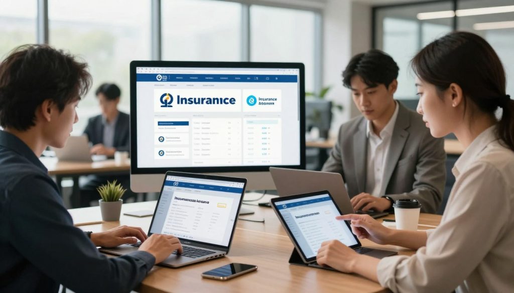A modern, sleek office environment featuring diverse professionals engaged in online insurance quote comparison on laptops and tablets. In the foreground, a young woman in business attire intently analyzes different insurance websites, while a man beside her reviews options on a tablet. In the middle ground, a large digital display shows various insurance logos and comparison charts. The background is filled with large windows allowing natural light to flood the space, creating an inviting atmosphere. Use soft, diffused lighting to enhance the focus on the tech devices, with a warm color palette to evoke a sense of trust and professionalism. Capture the scene from a slightly elevated angle to encompass the interaction and modern work dynamics.
