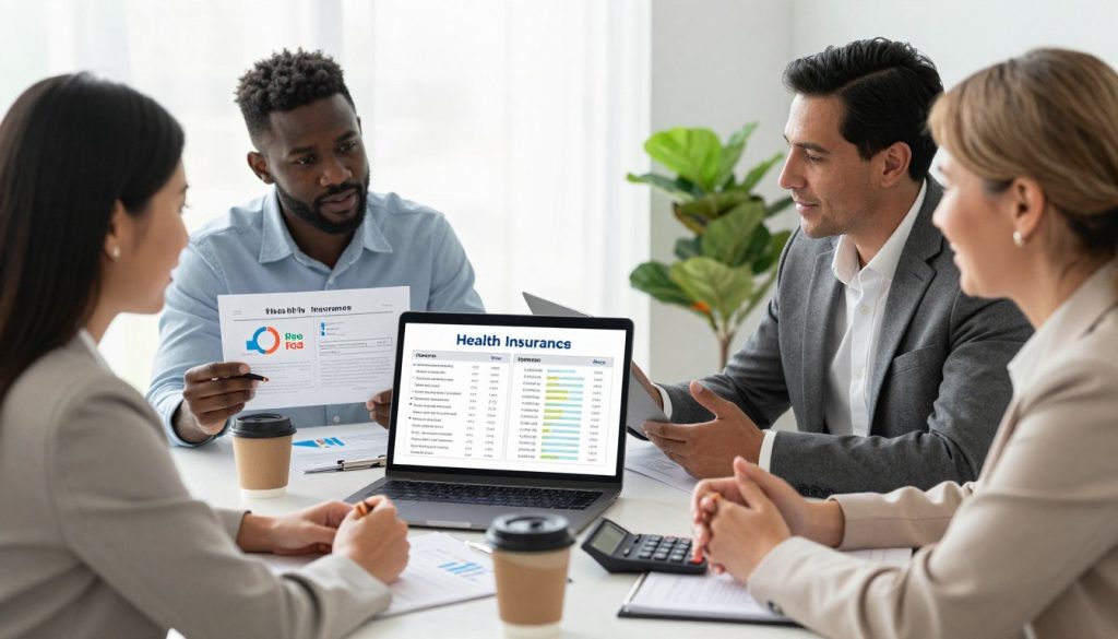 A modern workspace featuring a well-organized desk with multiple health insurance quotes displayed on a laptop screen. In the foreground, a diverse group of three professionals—one woman of Asian descent, a Black man, and a middle-aged Caucasian woman—are engaged in a discussion, each dressed in smart business attire. The middle ground reveals paperwork and colorful charts showcasing different insurance rates, along with a calculator and a coffee cup, creating a focused atmosphere. The background includes a bright window with natural light streaming in, and a green plant adding a touch of warmth. The overall mood is optimistic and productive, emphasizing collaboration and decision-making in finding affordable health coverage. Use bright, soft lighting to convey a welcoming and professional environment.