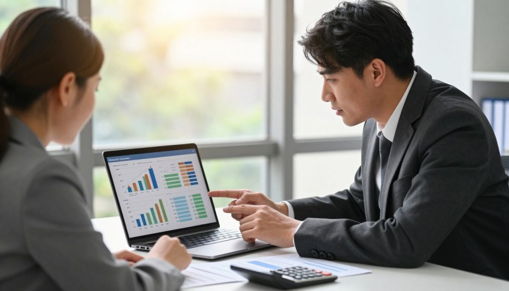 A professional and modern office environment, highlighting two diverse individuals (a man and a woman) in business attire, deeply focused on comparing insurance quotes on a laptop. In the foreground, the laptop screen displays various colorful graphs and comparison charts. The middle ground features a sleek desk with insurance documents and a calculator, conveying a sense of organization and clarity. The background showcases large windows with natural light streaming in, creating a warm and inviting atmosphere. The mood is focused and analytical, suggesting diligence and careful consideration. Soft shadows enhance the depth, while a shallow depth of field draws attention to the subjects and their tasks. The composition maintains a professional tone, promoting the importance of avoiding common mistakes in insurance comparison.