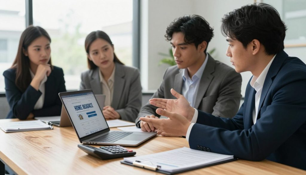 A professional and organized office setting, with a sleek wooden desk in the foreground featuring a calculator, a laptop displaying home insurance comparison websites, and a folder of documents. In the middle, a diverse group of three people—two men and one woman—all in professional business attire, are engaged in a discussion about home insurance options. One person gestures towards the laptop screen while the others listen attentively, conveying a sense of collaboration. In the background, a large window lets in soft, natural daylight, illuminating the space and casting gentle shadows. The atmosphere is focused and productive, evoking a feeling of urgency and consideration in finding the best home insurance rates. The angle is slightly elevated to capture the entire scene.