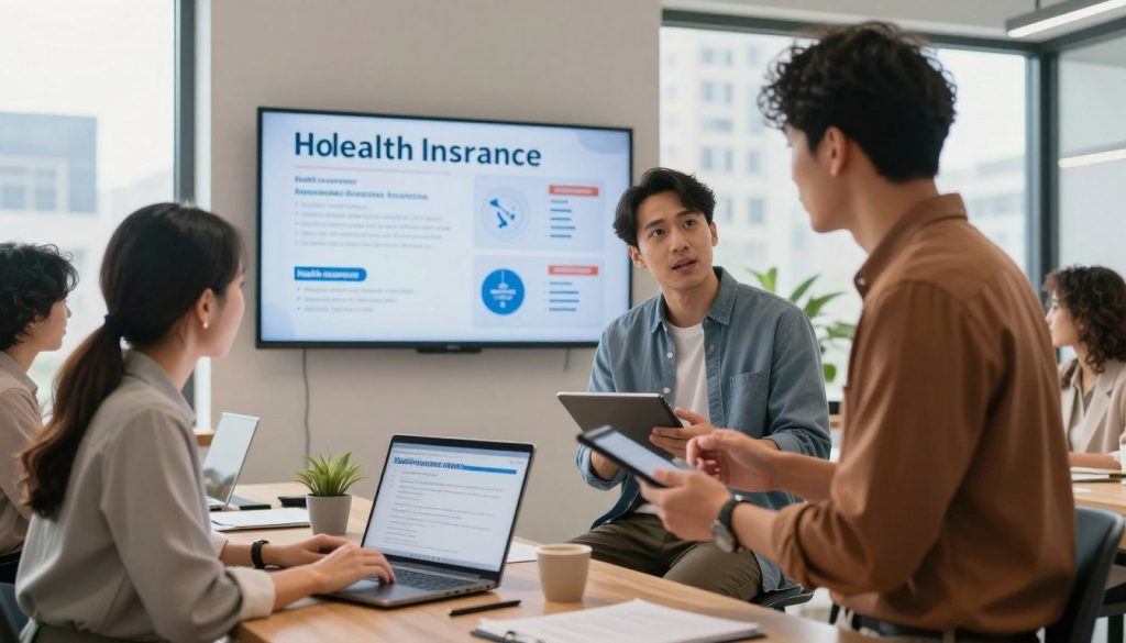 A professional and serene office setting showcasing a diverse group of independent contractors discussing health insurance options. In the foreground, a woman in business attire, using a laptop, reviews health insurance plans, while a man in smart casual wear, holding a tablet, shares insights. The middle ground features a large wall-mounted screen displaying infographics about affordable health insurance rates. In the background, a window with bright natural light illuminating the space, revealing a bustling cityscape. The atmosphere is focused and collaborative, highlighting the importance of specialized health insurance solutions for self-employed individuals. The lighting is warm, creating an inviting ambiance, shot from a slightly elevated angle to capture the entire scene effectively.