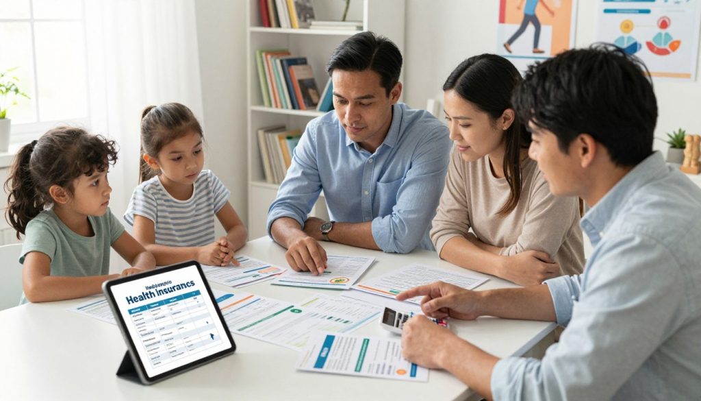 A professional business setting with a family of four, dressed in modest casual clothing, gathered around a dining table filled with health insurance brochures and calculators. In the foreground, a tablet displaying health insurance options. The middle ground features a diverse family: a father, mother, and their two children, discussing and pointing at specific benefits on the brochures with thoughtful expressions. In the background, a bright and inviting office space with shelves filled with health resource books and motivational posters about health and wellness. Soft, natural light filters through a window, casting a warm glow over the scene, creating an optimistic and proactive atmosphere. The angle is slightly elevated, capturing the family’s engagement and focus on maximizing their health benefits while minimizing costs.
