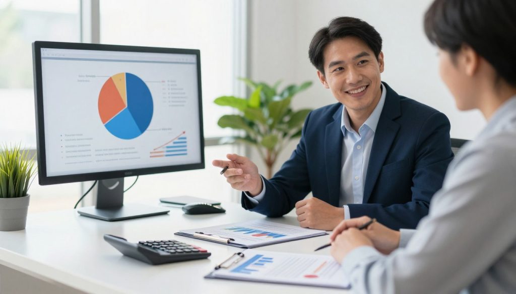A professional financial advisor sitting at a sleek, modern desk surrounded by charts and graphs depicting declining auto insurance premiums. In the foreground, a calculator and policy documents are visible, symbolizing policy adjustments. The middle ground features a large screen displaying a pie chart illustrating savings, while a potted plant adds a touch of warmth. In the background, a window with soft natural light streaming in creates an inviting atmosphere. The scene is brightly lit to invoke a sense of optimism and clarity about financial decisions. The advisor is dressed in business attire, exuding professionalism and approachability, as they confidently discuss strategies with a client, who is also in modest business casual clothing. The overall mood is positive and empowering, emphasizing practical solutions to lower car insurance rates.