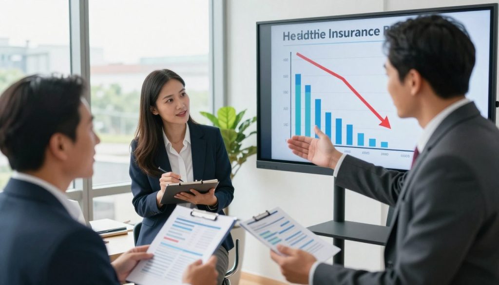 A professional office environment showcasing a diverse group of business people engaged in a discussion about health insurance strategies. In the foreground, a middle-aged man in a suit holds a financial report, gesturing towards a large screen displaying downward-trending charts illustrating lowering insurance premiums. In the middle, a woman in business attire takes notes, while another colleague points out specific areas on a tablet. The background features large windows with natural light streaming in, creating an uplifting atmosphere. The scene captures a sense of collaboration and optimism, emphasizing the proactive strategies being discussed. Use soft lighting to enhance the focus on the individuals and the screen, shot from a slightly elevated angle for a dynamic perspective.