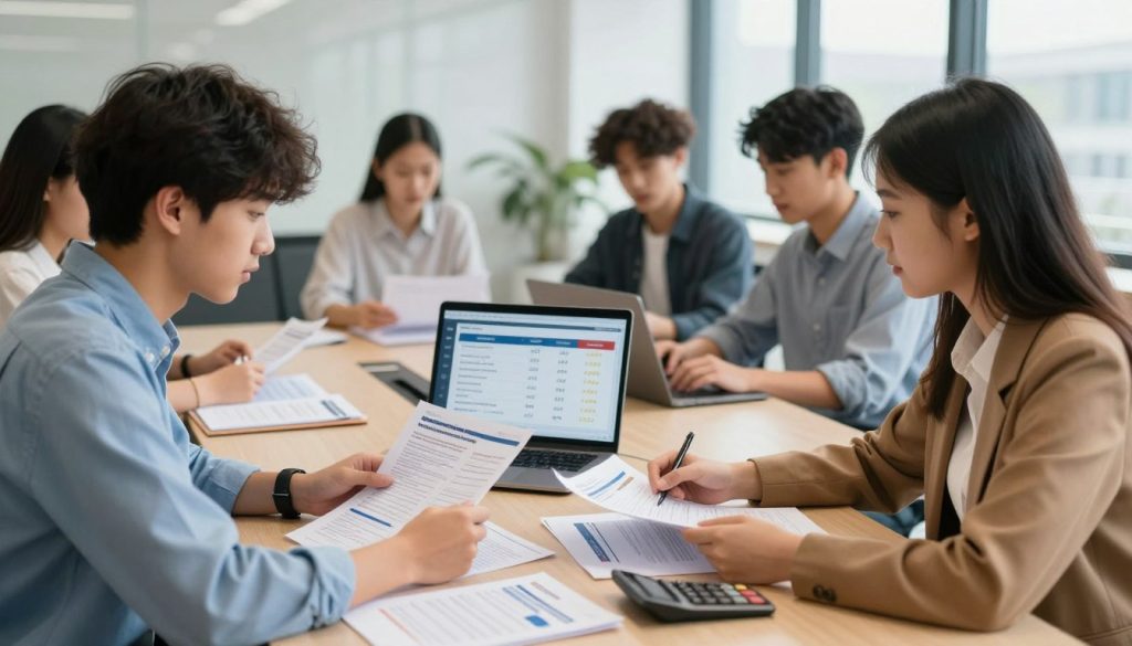 A professional office setting, showcasing a diverse group of teenage drivers engaging in a discussion about auto insurance rates. In the foreground, two teenagers, one male and one female, are seated at a conference table, reviewing brochures and documents with focused expressions. Both are dressed in smart casual attire. The middle ground features an open laptop displaying a comparison chart of various insurance rates, while additional brochures and a calculator are scattered around. The background reveals a bright, modern office with large windows allowing natural light to flood the space, creating an inviting and professional atmosphere. The overall mood is one of collaboration and informed decision-making, emphasizing the importance of evaluating insurance offers holistically, beyond just price.