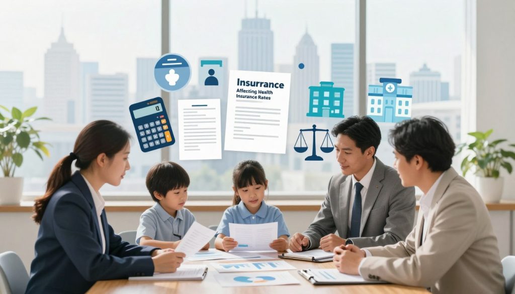 A vibrant and informative illustration of the "Factors Affecting Health Insurance Rates." In the foreground, a diverse group of three professionally dressed individuals—two adults and one child—are engaged in a discussion, analyzing charts and documents on a wooden table. In the middle ground, various symbolic elements like a calculator, insurance policy documents, and a scale representing health factors are arranged. In the background, a soft-focus city skyline features healthcare markers such as hospitals and clinics, emphasizing the connection to community health. The lighting should be bright and inviting, creating a positive atmosphere, with soft natural light filtering through a large window. A wide-angle view captures the scene, inviting the viewer into this critical conversation about family health insurance.