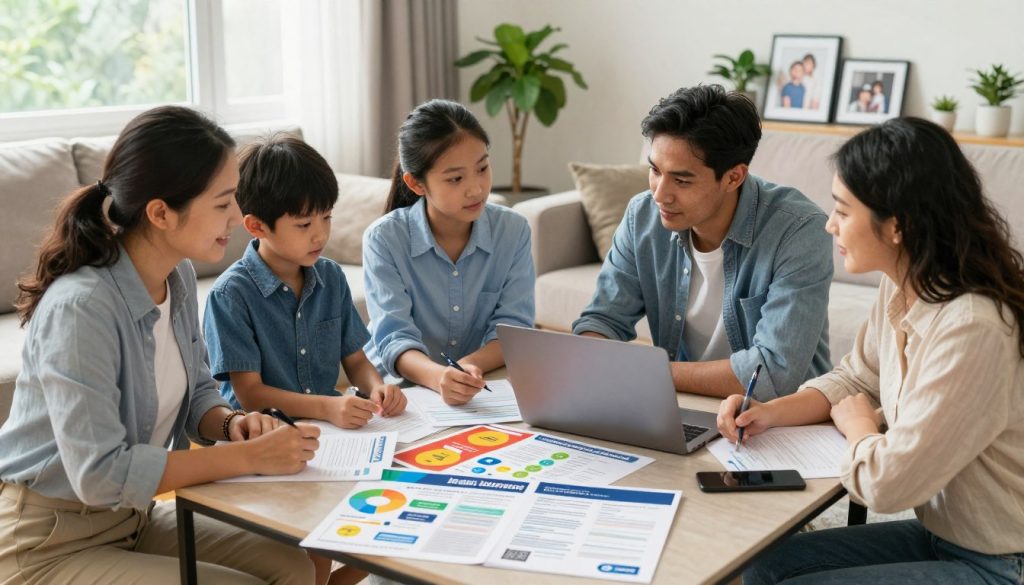 A visually appealing representation of affordable private health insurance options. In the foreground, a diverse family of four, dressed in professional casual attire, sits around a coffee table with documents and a laptop, discussing health insurance plans. The middle ground features colorful brochures and infographics about health insurance options spread out on the table, highlighting key benefits. In the background, a warm and inviting living room is adorned with plants and family photos, creating a sense of security and comfort. The lighting is soft and natural, streaming through a large window, giving the scene a positive and hopeful atmosphere. The angle is slightly elevated, capturing the family's engagement and the resources around them.
