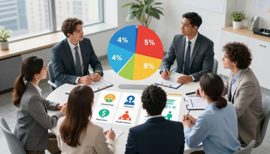 A visually engaging and informative illustration depicting various health insurance pricing factors. In the foreground, a diverse group of professional individuals (Caucasian, Hispanic, Black) dressed in business attire is discussing a chart filled with icons representing factors like age, lifestyle, health history, and geography. In the middle ground, a large, colorful pie chart or infographic displays these factors with distinct sections and percentages. The background features an office setting with a conference table, health-related documents, and a window showing a cityscape, indicating a professional atmosphere. Soft, diffused lighting creates an inviting mood, emphasizing collaboration and insight into the complexities of health insurance pricing. Use a balanced composition with a slight overhead angle to capture both the discussion and the data effectively.