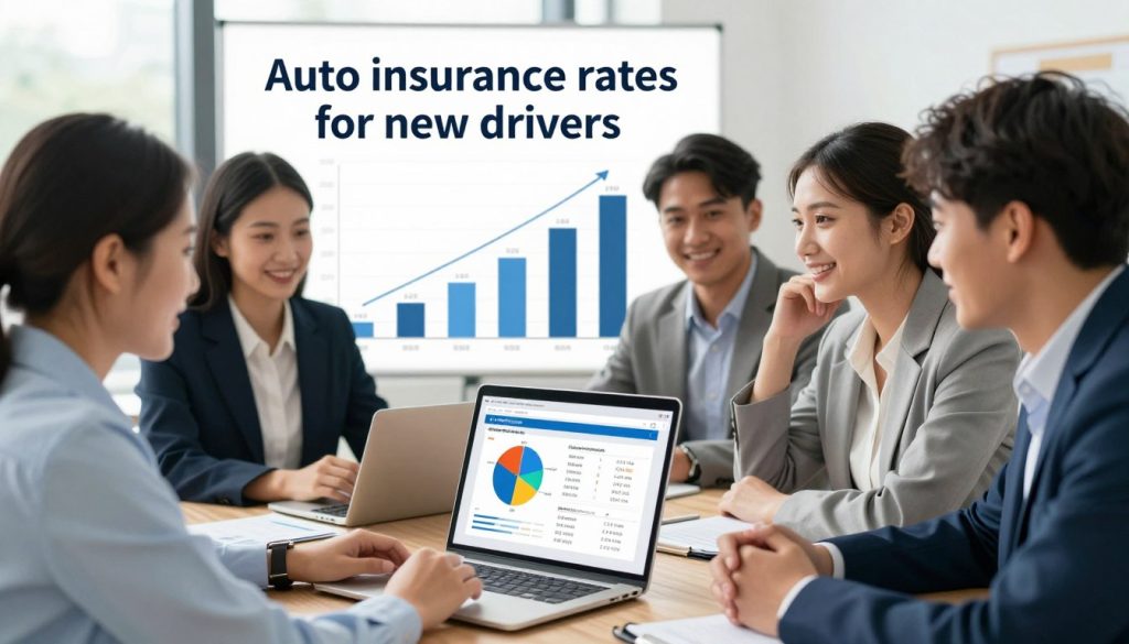 A visually engaging and informative image showcasing the concept of "auto insurance rates for new drivers." In the foreground, feature a diverse group of young adults, dressed in professional attire, gathered around a laptop displaying comparison charts. In the middle, include a large graphic representation of competitive auto insurance rates, with eye-catching bar graphs or pie charts illustrating different companies. The background features a modern office environment with soft natural lighting, emphasizing a productive atmosphere. Use a slight overhead angle to capture the scene, creating depth and highlighting the interaction among the individuals. The overall mood should be optimistic and inspiring, suggesting that finding affordable insurance is achievable for new drivers.