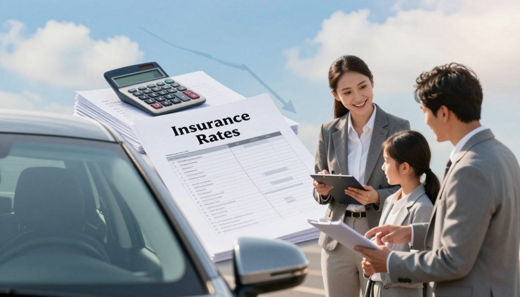 A visually engaging composition illustrating the concept of lowering vehicle insurance rates. In the foreground, a modern car parked near a cheerful family discussing their insurance options, dressed in professional business attire. The middle ground features stacks of paperwork labeled "Insurance Rates" beside a calculator, symbolizing financial planning. In the background, a bright blue sky with clouds hints at optimism, while a graph depicting decreasing insurance rates is subtly incorporated into the scene. The lighting is warm and inviting, creating a positive atmosphere that reflects financial relief and smart decision-making. The image should be shot from a slightly elevated angle, providing a comprehensive view of the scene while maintaining focus on the family and their vehicle.