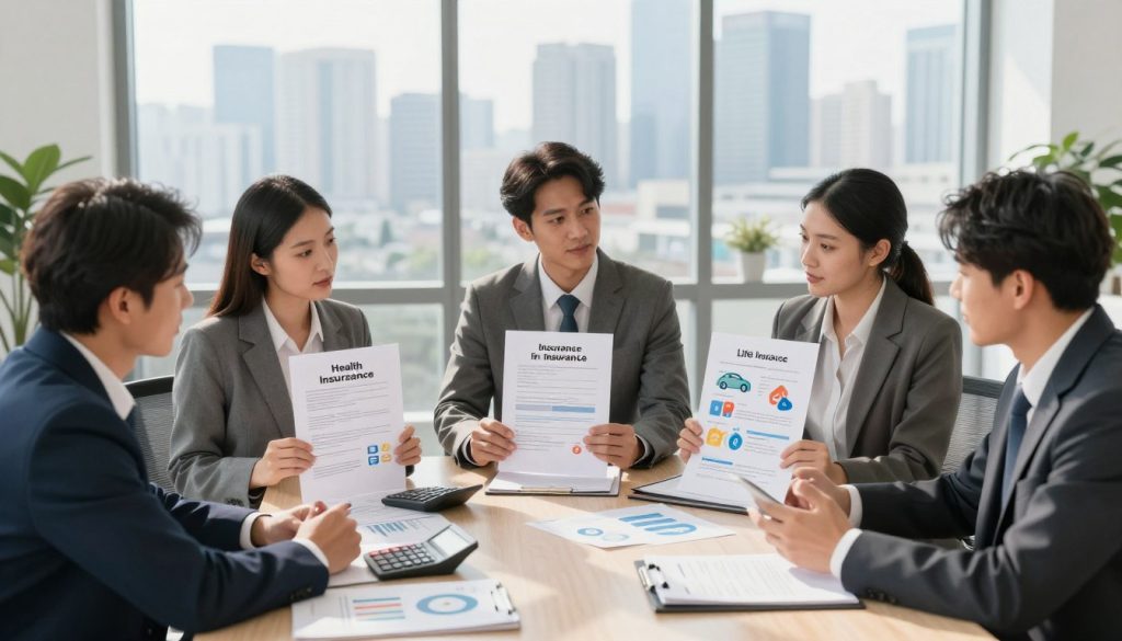 A visually engaging composition illustrating various types of insurance. In the foreground, a diverse group of professionals in business attire discuss several insurance policies, such as health, auto, home, and life insurance, represented by colorful icons and documents. The middle layer features a well-organized desk with calculators, charts, and financial reports, emphasizing financial literacy. In the background, a bright, modern office space with large windows displays a city skyline, creating an optimistic atmosphere. Soft, natural light filters through, casting gentle shadows that enhance the professional ambiance. The focus is clear, with a slightly blurred background to emphasize the importance of understanding different types of insurance.