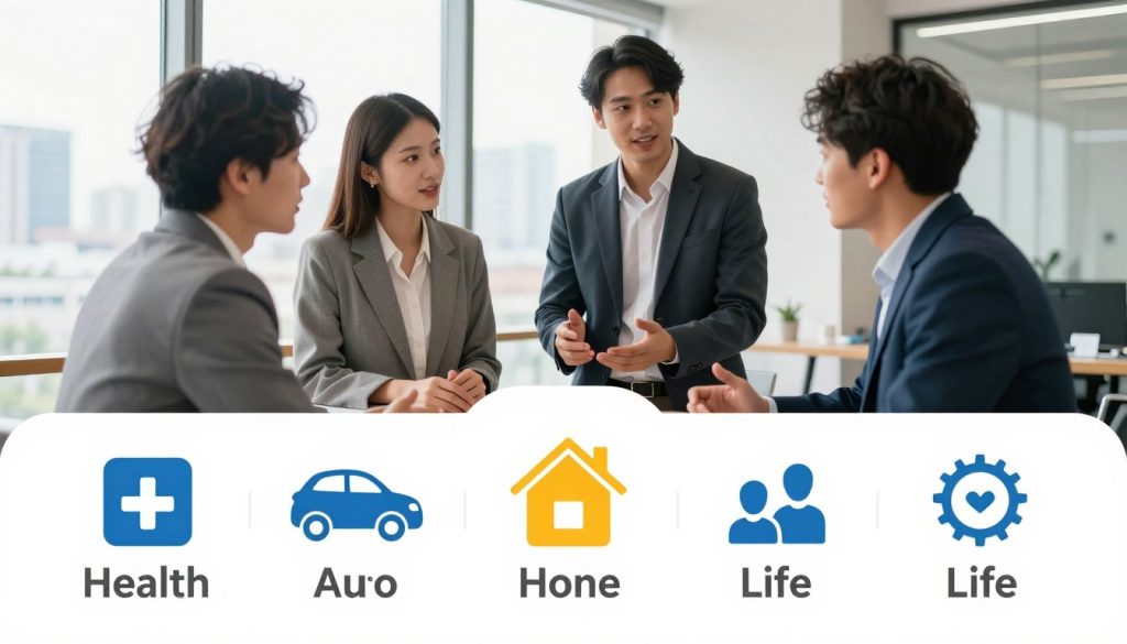 A visually engaging infographic showcasing different types of insurance coverage, set in a well-lit, modern office environment. In the foreground, illustrate icons representing various coverage types, such as health, auto, home, and life insurance, each in distinct colors and styles. The middle ground should feature a diverse group of three individuals in professional business attire discussing the coverage options, highlighting an atmosphere of collaboration and understanding. In the background, include a large window with a cityscape view, allowing natural light to flood the scene. The overall mood is informative and inviting, emphasizing clarity and professionalism in the insurance industry. Aim for a clean composition with a balanced layout, suitable for an educational article.
