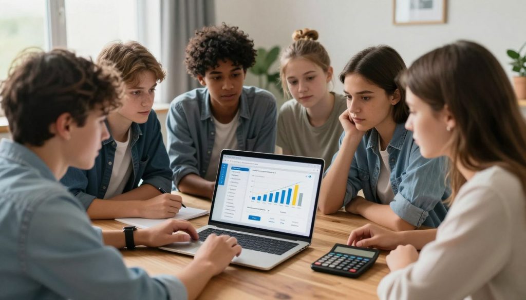 A visually engaging scene depicting a diverse group of teenage drivers gathered around a modern laptop, where they are comparing auto insurance rates. In the foreground, highlight the teenagers, a mix of boys and girls, dressed in smart casual clothing, looking focused and engaged. The middle ground showcases the laptop screen with graphs and charts illustrating insurance options, and a calculator on the side, adding an element of discussion. In the background, include a cozy room setting with informal decorations to convey a relaxed yet serious atmosphere. Soft, natural lighting from a nearby window illuminates the scene, enhancing the collaborative mood. Use a wide-angle lens to capture the dynamic interaction between the teenagers and the laptop clearly.