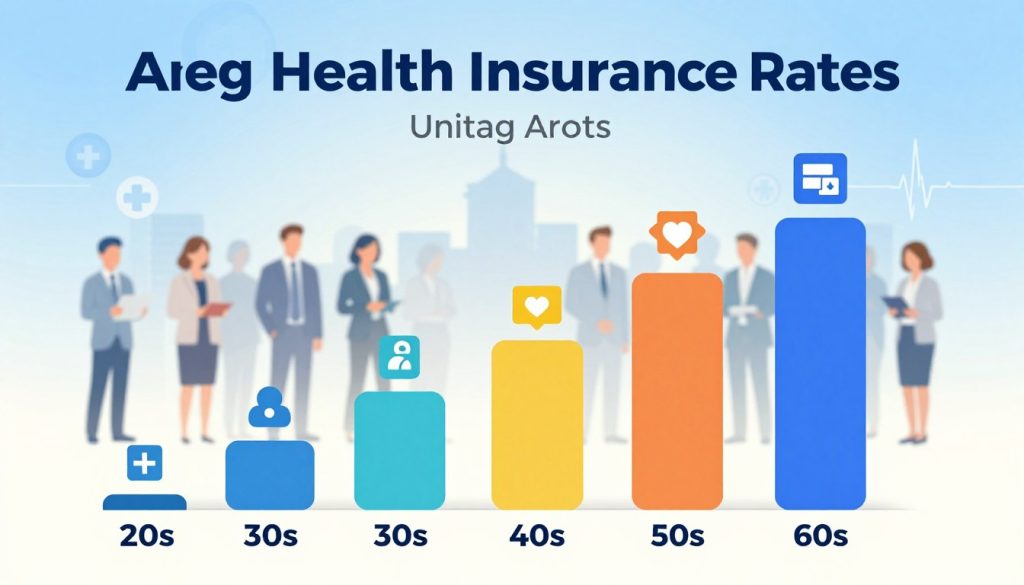 An infographic-style illustration depicting average health insurance rates by age in the United States. In the foreground, feature a visually engaging chart or graph with varying age groups like 20s, 30s, 40s, 50s, and 60s, represented with different colors or icons. In the middle ground, include subtle silhouettes or professional figures of diverse people in business attire, reflecting the demographic ranges being represented. The background should be a soft gradient of blue and white, symbolizing trust and reliability, with a slight abstract design suggesting healthcare themes, like medical symbols or heartbeats. Use bright, clear lighting to highlight the data presentation, with a warm, informative atmosphere to convey professionalism and accessibility.