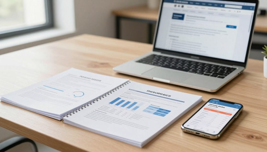 An organized desk scene featuring a neatly arranged stack of insurance policy documents, featuring charts, annual premium comparisons, and fine print details. In the foreground, a smartphone displays a savings calculator app, emphasizing instant rate comparison. The middle ground showcases a laptop open to a financial website with insurance options. In the background, a modern office setting with soft natural lighting streaming through a window, creating a warm and professional atmosphere. Employ a slight depth of field to focus on the documents while blurring the background. The overall mood is one of clarity and efficiency, reflecting decision-making after thorough research.